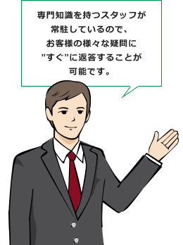 専門知識を持つスタッフが常駐しているので、お客様の様々な疑問にすぐに返答することが可能です。